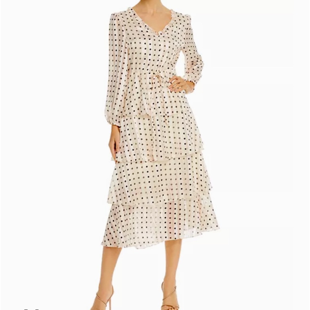 OPT tiered ruffle dress size medium ivory black polkadots metallic stripe $178